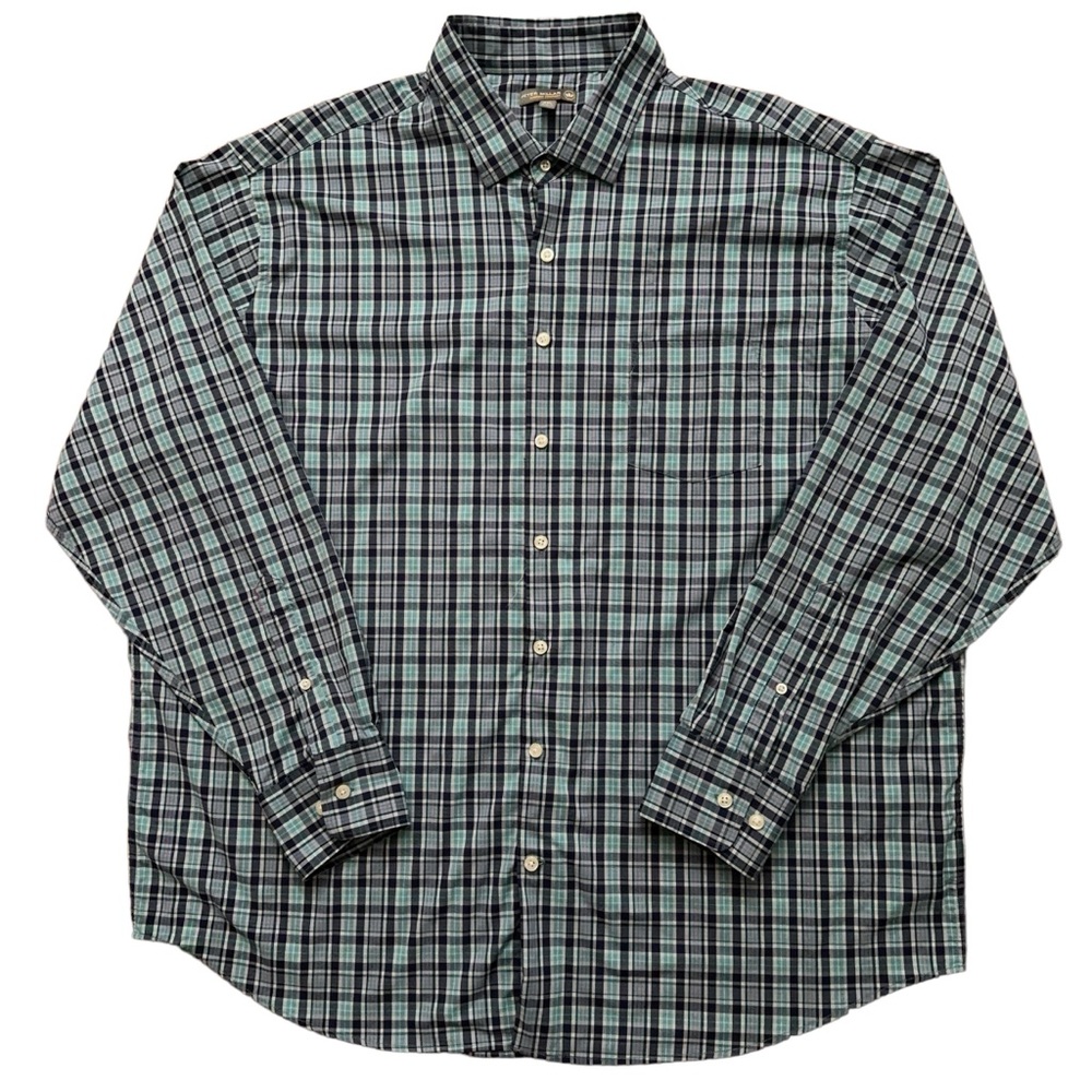 Peter Millar Shirt Mens 2XL Summer Comfort Long Sleeve Stretch Plaid Green Blue